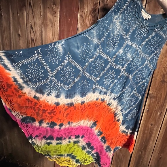 Jessica Taylor Vibrant Colorful Tie Dye Floral Embroidered 70’s Dress One Size - Picture 6 of 8